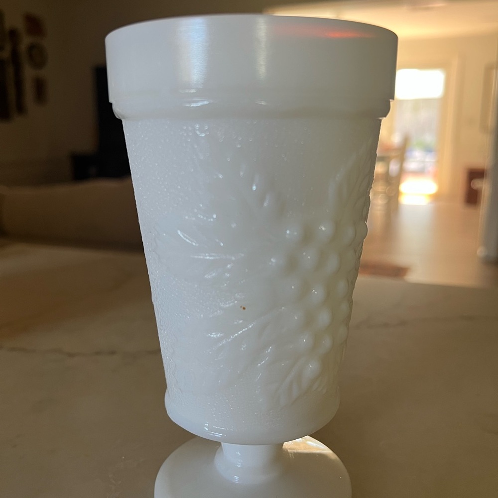 Milk Glass Goblet with Grape and Leaf Relief - White